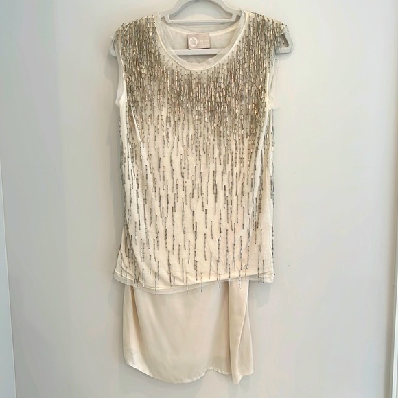 Lanvin white tshirt and silk dress with silver beaded fringe - Picture 1 of 3